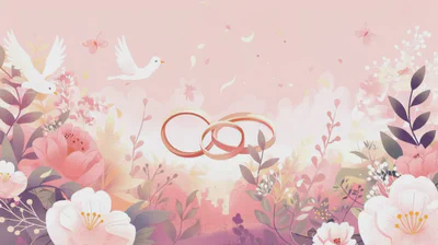 Dekorativt bryllupsbilde med ringer og blomster i rosa toner